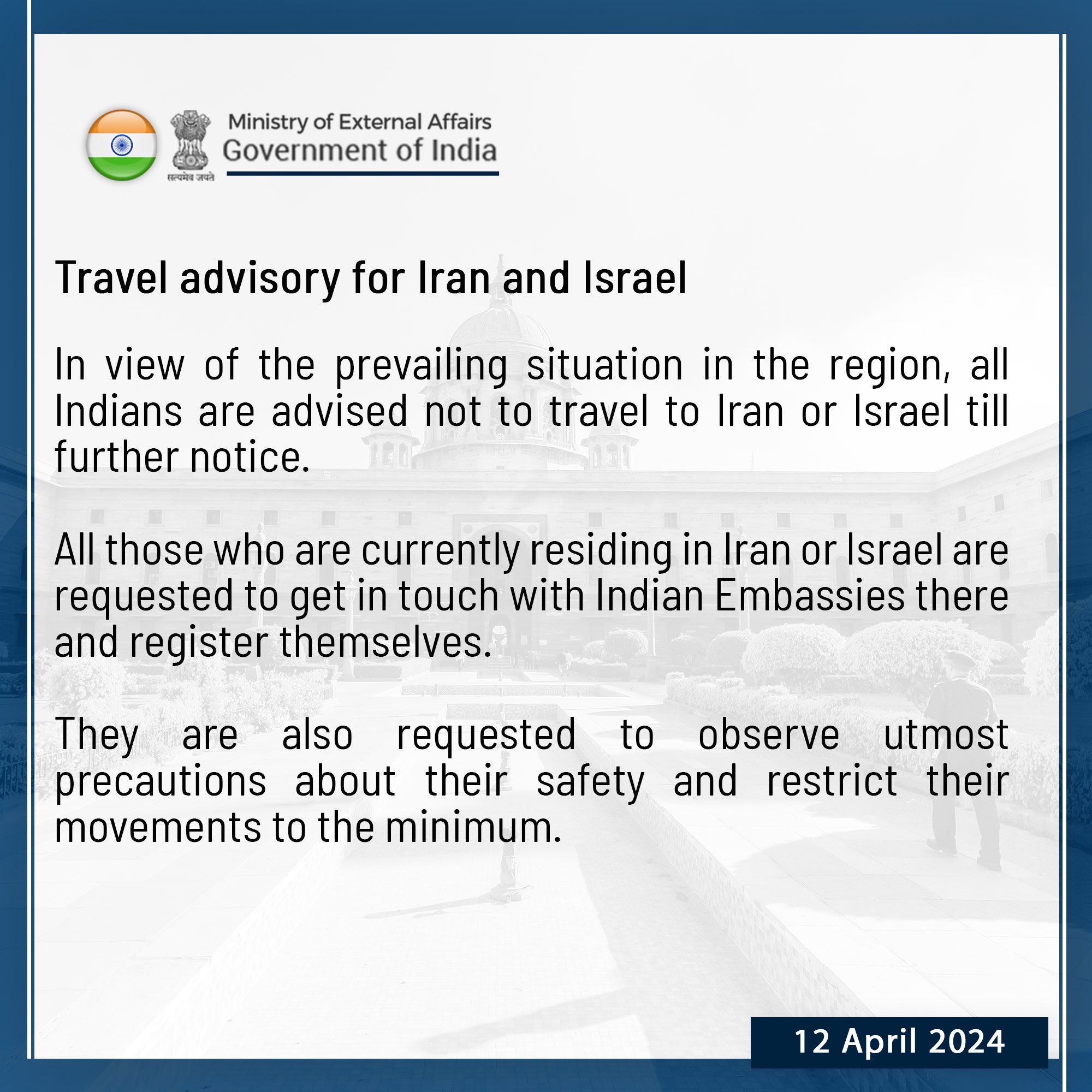 Travel advisory for Iran and Israel- MEA