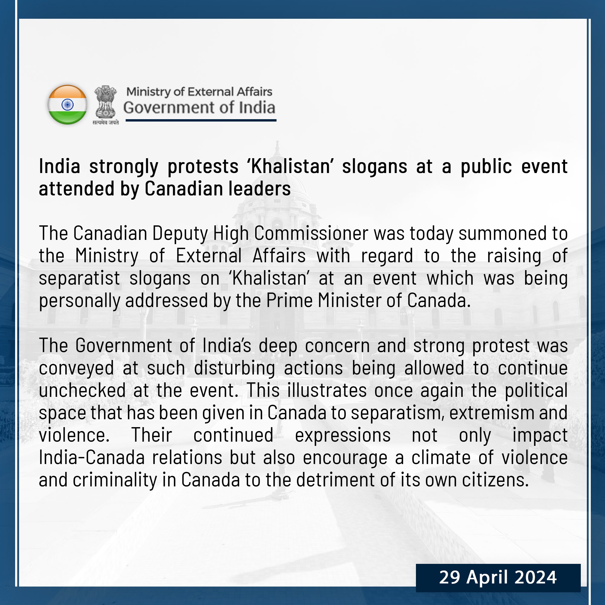India strongly protests 'Khalistan' slogans at a public event attended by Canadian leaders