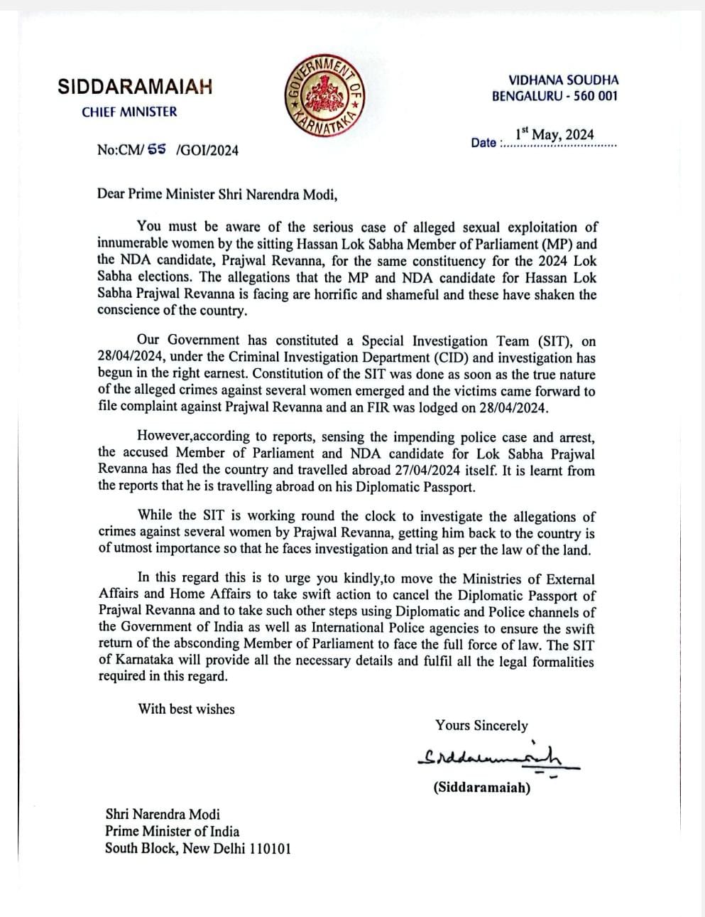 Karnataka CM Siddaramaiah writes to PM Modi requesting him to direct the Ministry of External Affairs and Ministry of Home Affairs to cancel the Diplomatic Passport issued to Hassan MP & JD(S) leader Prajwal Revanna and ensure his return to face the law
