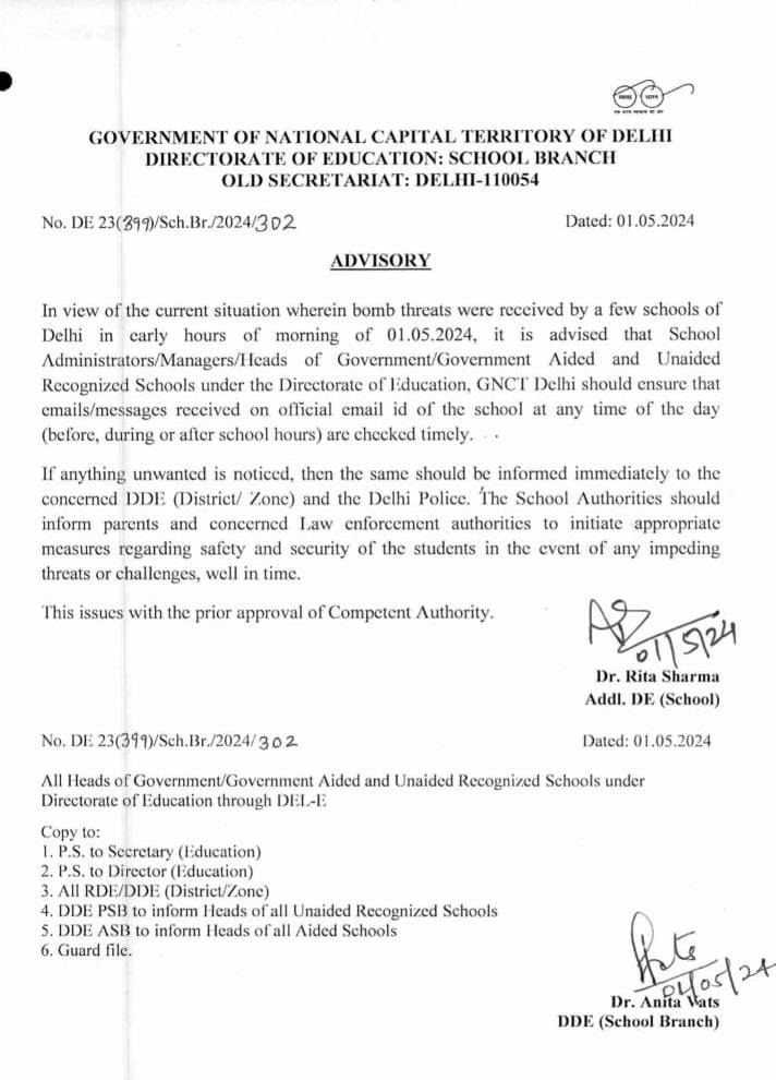 In view of the bomb threats received by a few schools in Delhi today, Delhi Government’s Directorate of Education issues Advisory.