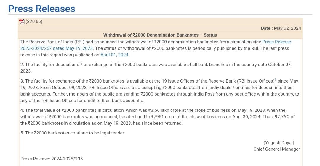 Withdrawal of ?2000 Denomination Banknotes – Status