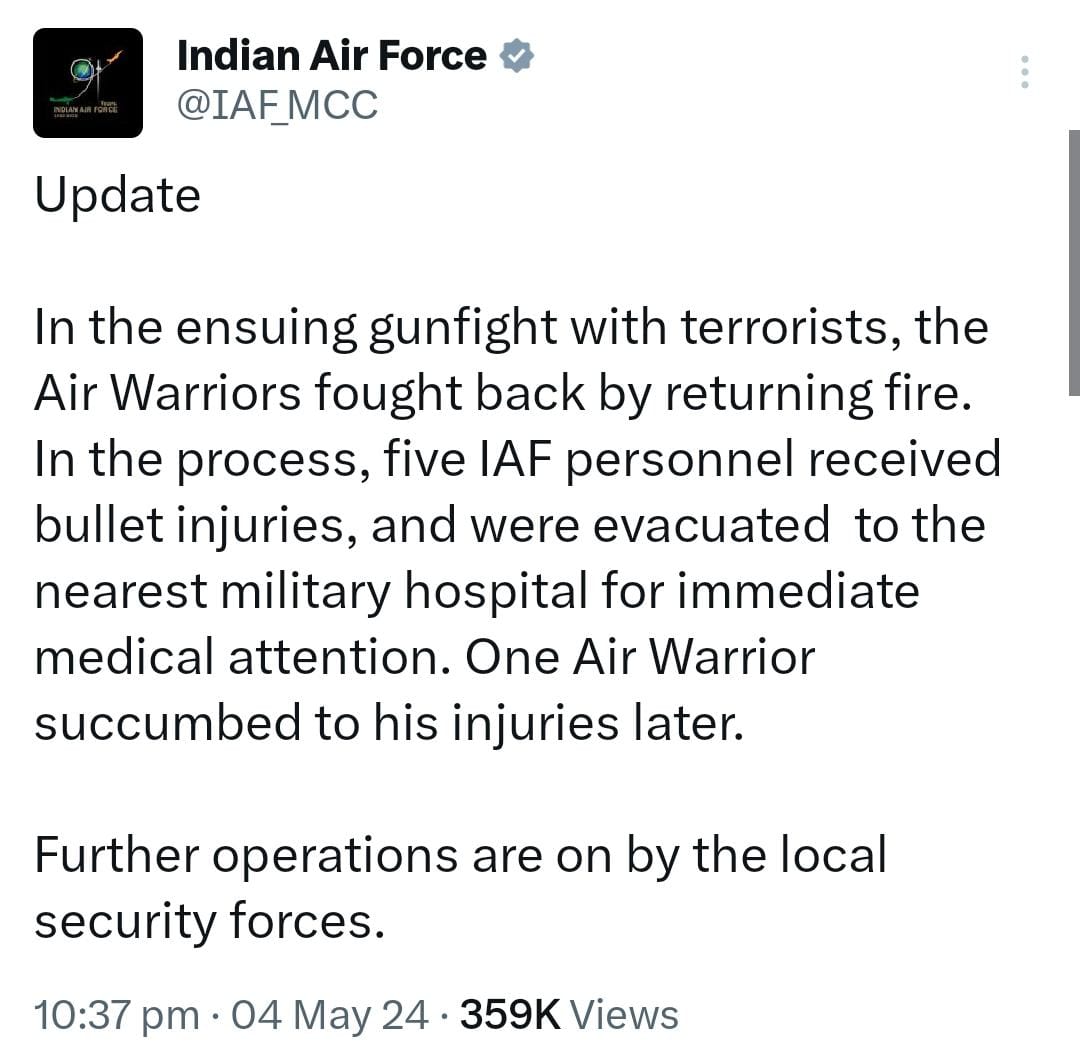 Update  In the ensuing gunfight with terrorists, the Air Warriors fought back by returning fire. In the process, five IAF personnel received bullet injuries, and were evacuated  to the nearest military hospital for immediate medical attention. One Air War