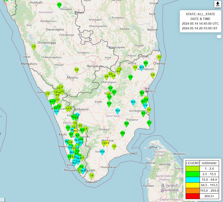 During 0830 hrs IST-2030 hrs IST of today, the 14th May, 2024,  light to moderate rainfall with isolated heavy rainfall [8cm rainfall (over Virudhunagar & Ernakulam)] over Kerala and Tamil Nadu have already been reported.