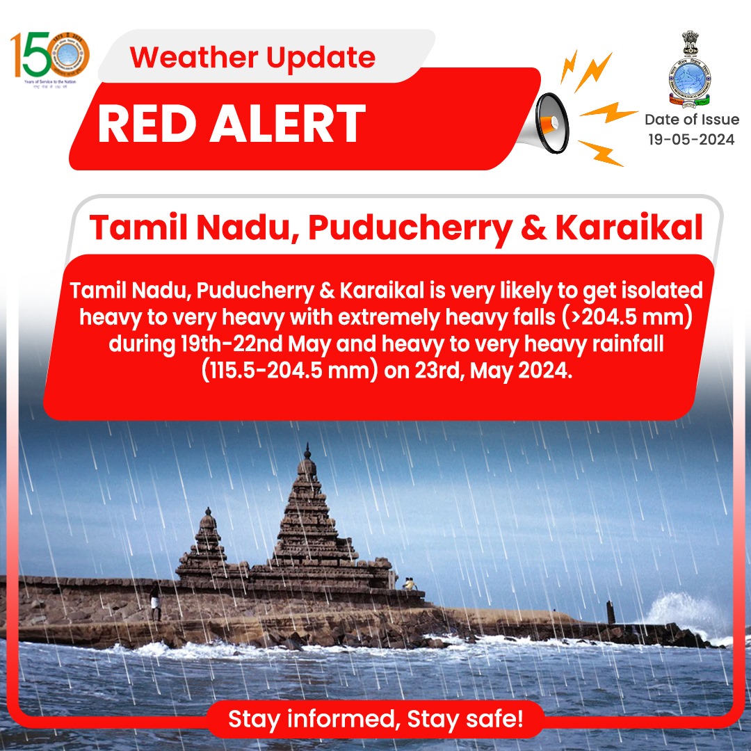 Tamil Nadu, Puducherry & Karaikal is very likely to get isolated heavy to very heavy with extremely heavy falls (>204.5 mm) during 19th-22nd May and heavy to very heavy rainfall (115.5-204.5 mm) on 23rd, May 2024