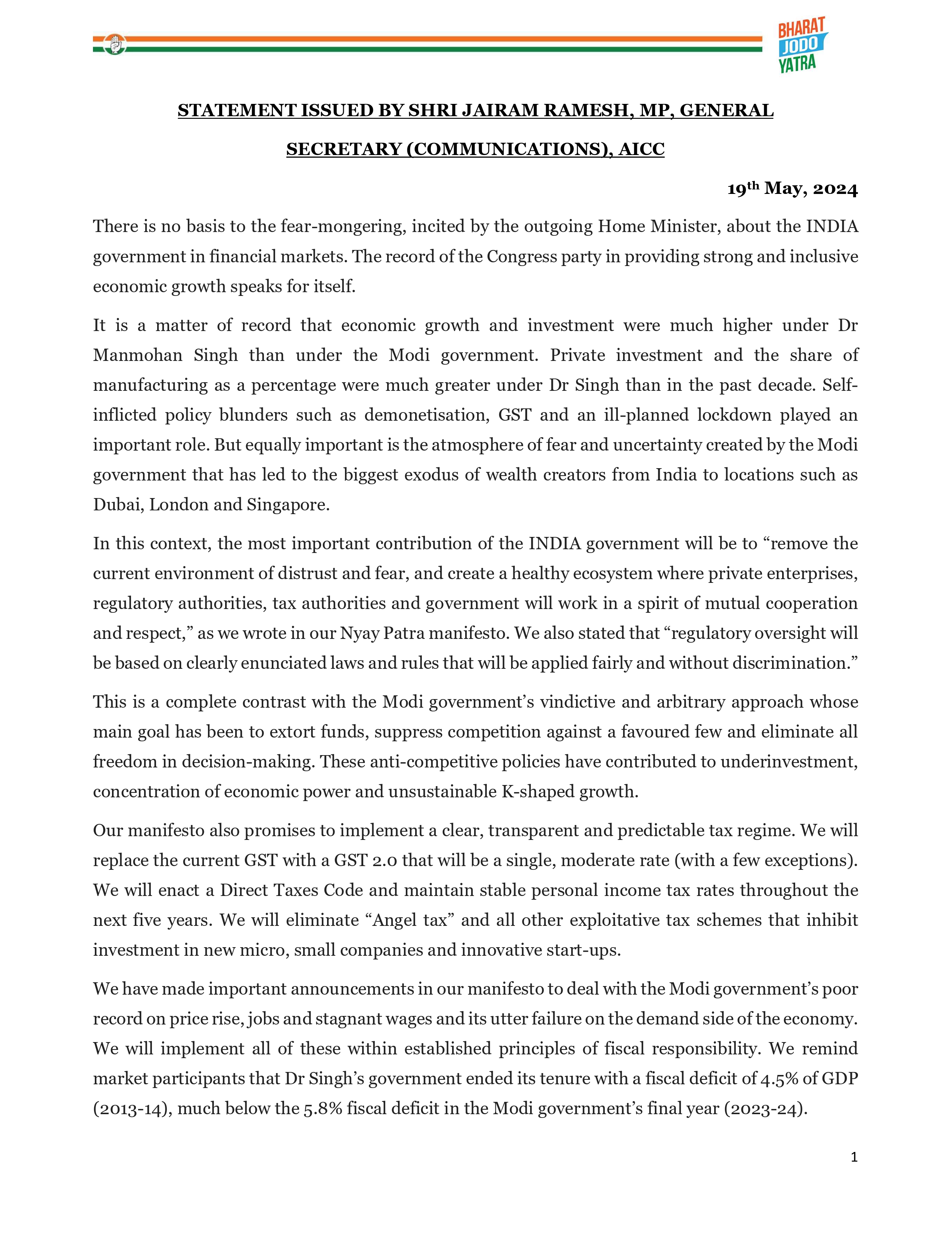 Our statement on the increasing market volatility of the last few weeks. There is no need for the fear-mongering that the Home Minister is inciting. The INDIA Coalition is coming to power, and it shall herald a new age of stable, predictable policymaking 